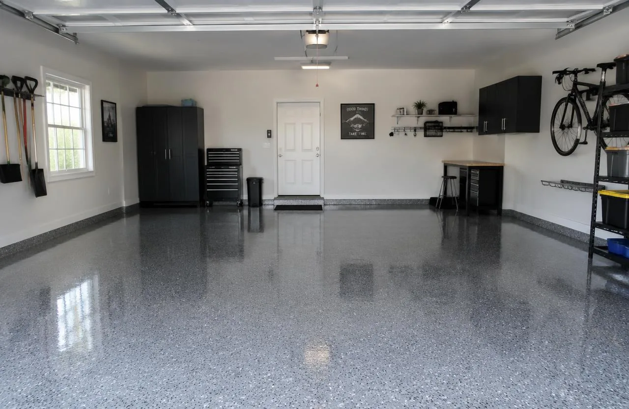 Same garage with a gray full-broadcast decorative flake coating
