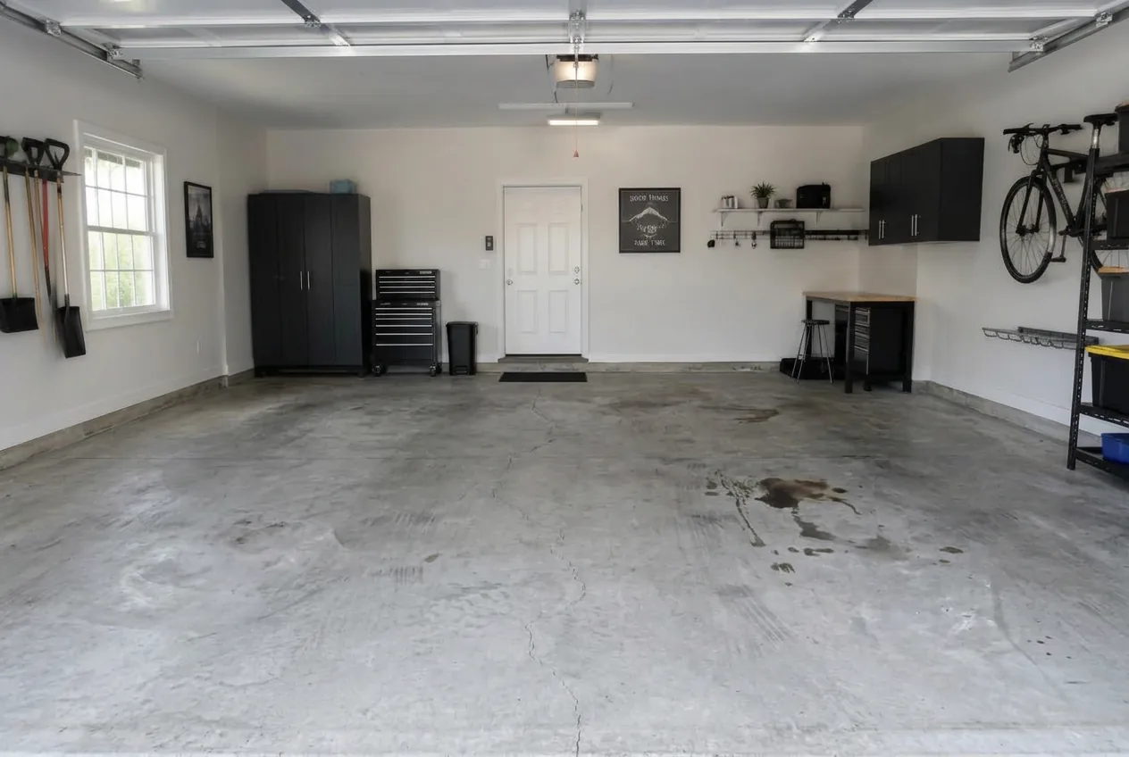 Cracked, oil-stained bare concrete garage floor
