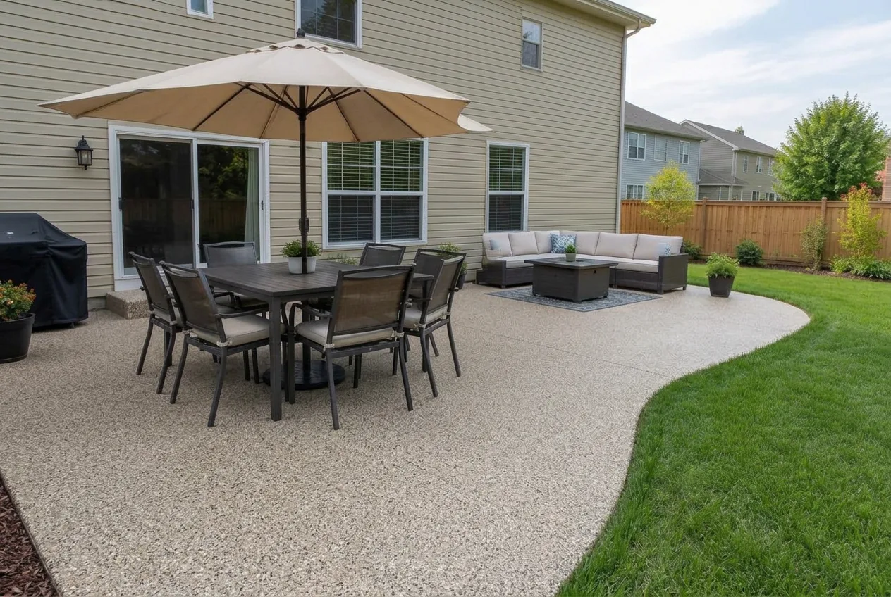 Same patio with a tan and gray full-broadcast decorative flake coating