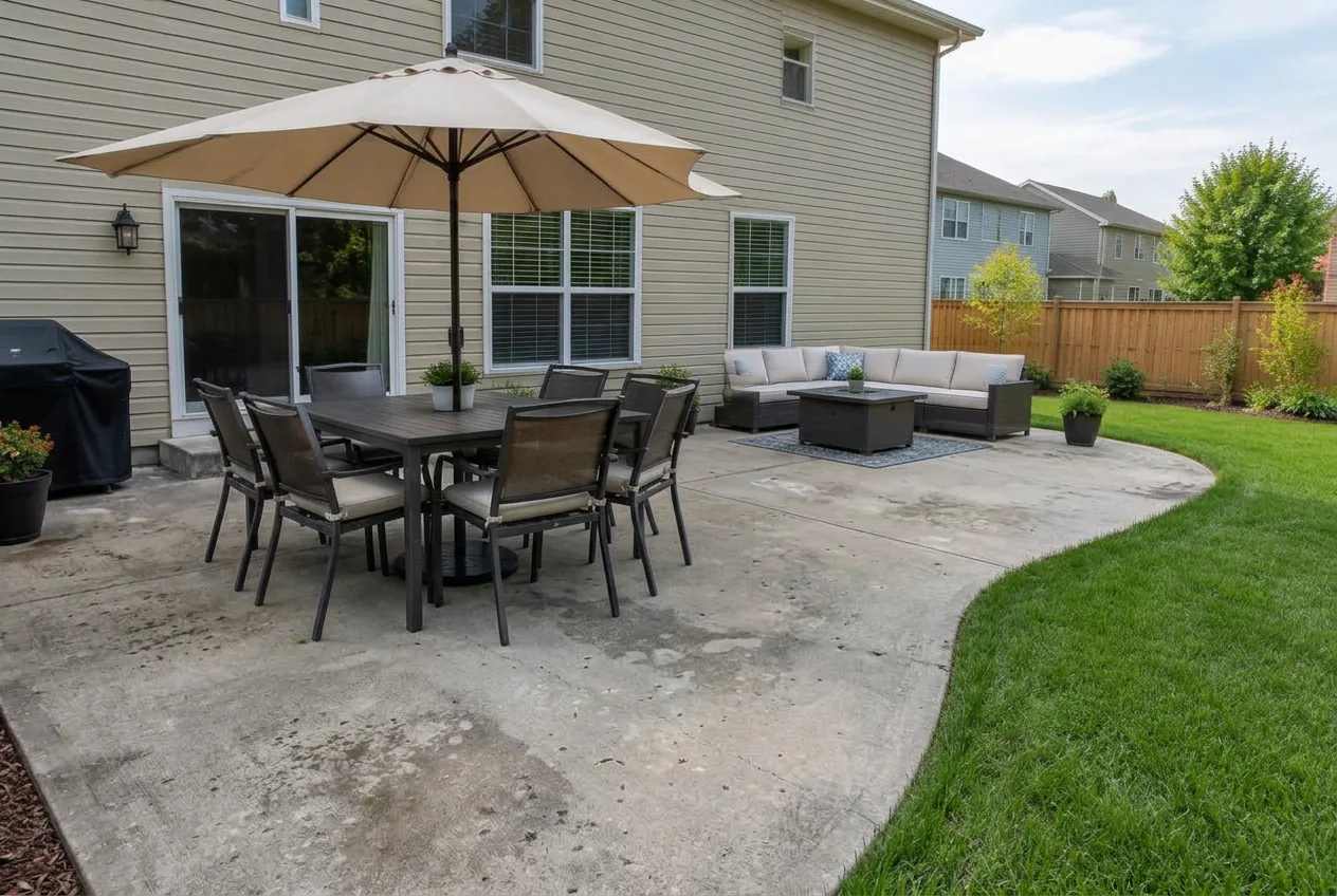 Weathered, discolored concrete backyard patio