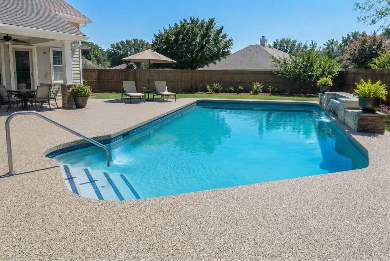 Same pool deck with a textured beige decorative flake coating