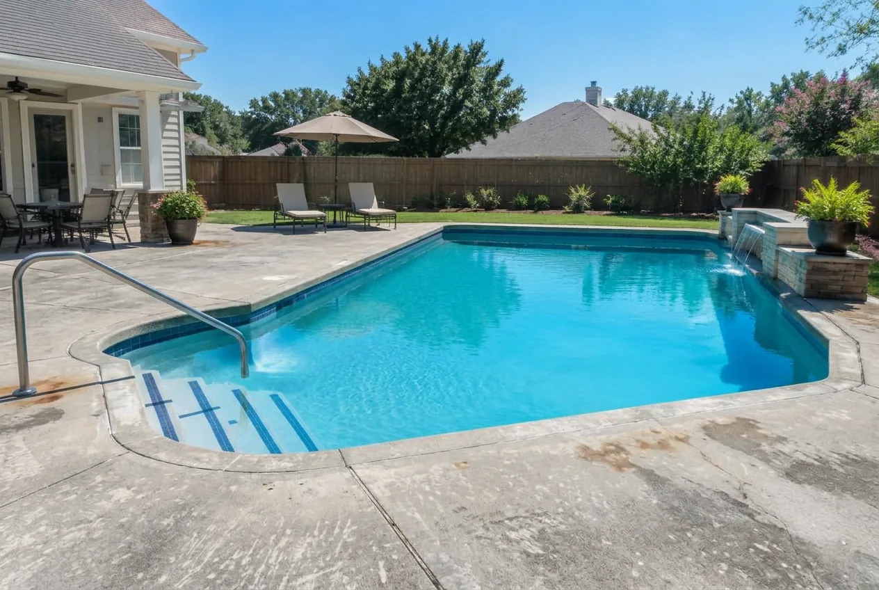 Worn, faded concrete pool deck
