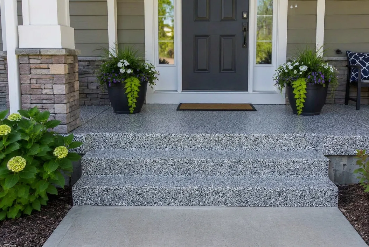 Same porch and steps with a gray decorative flake coating