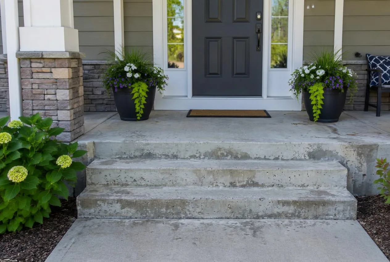 Aging, stained concrete front porch and steps